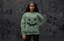 Load image into Gallery viewer, Halloween Pumpkin Face Sweatshirt | Youth &amp; Adult Fall Crewneck | Cute Jack O’Lantern Pullover | Spooky Season Graphic Sweater | Cozy Autumn Shirt
